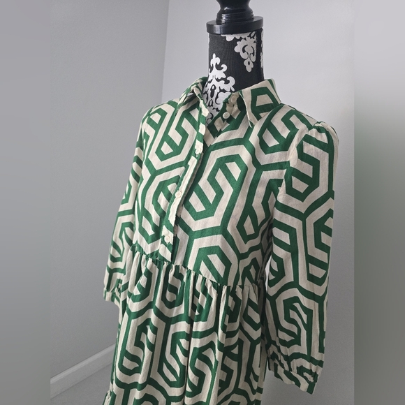 Zara Ecru White Green Geo Geometric Print Karen Tiered Midi Size S - Picture 10 of 16